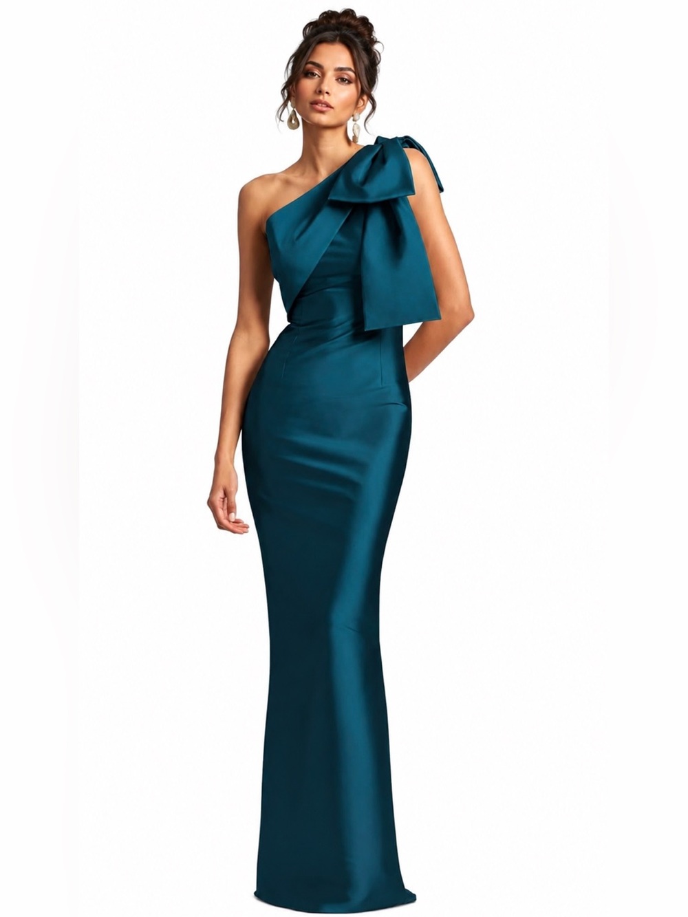 Peacock One Shoulder Bow Satin Gown Size 4 Wedding Guest Formal NWT